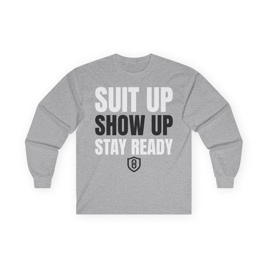 DMAN GRAY Long Sleeve Tee - "Suit Up, Show Up, Stay Ready"